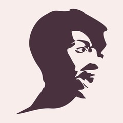 Face half turn view. Elegant silhouette of a female head. Surprised beautiful woman smiling with open mouth.