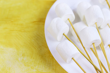 Fototapeta na wymiar marshmallows on a sticks, laying on a white plate. prepared for fondue.