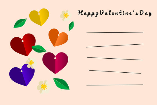 Illustration of Happy Valentine's Day card in light pink color tone. Colorful Hearts, beautiful flowers and green leaves vector. Picture with line for writing on card.