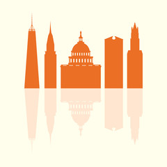 Silhouettes of famous buildings and modern buildings in the USA.