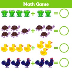 Mathematics educational game for children. Learning subtraction worksheet for kids, counting activity. Vector illustration