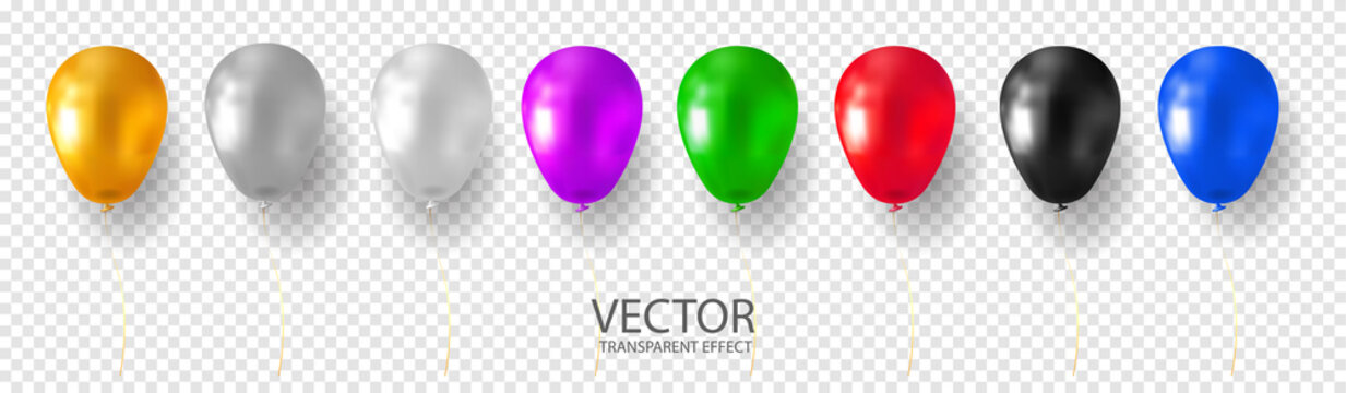 Golden, Silver, White, Grey, Purple, Blue, Cyan Red, Green, Black multicolored glossy  balloon set realistic vector stock illustration on transparent background. 3D shine balloon for Birthday party.