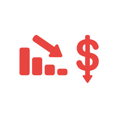Flat design vector concept of red sales bar chart and dollar symbol with arrow moving down