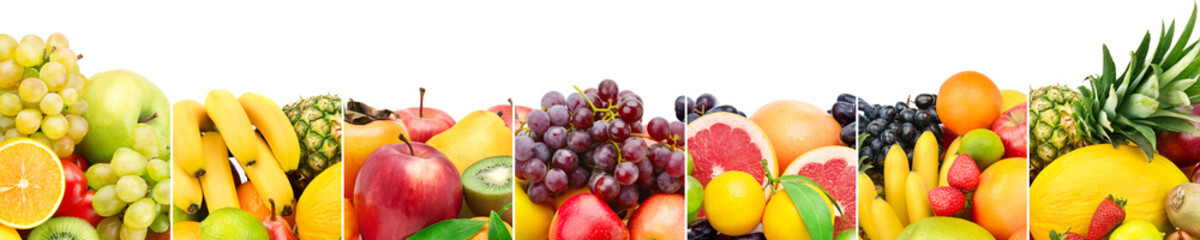 Panoramic collection fresh fruits isolated on white background. Wide photo