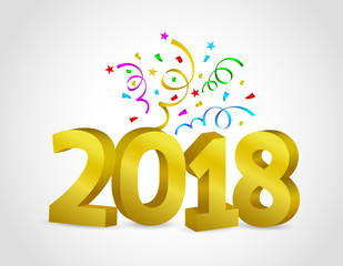 Happy New Year of twenty eighteen. Golden 3D numbers with ribbons. Illustration design for celebration.