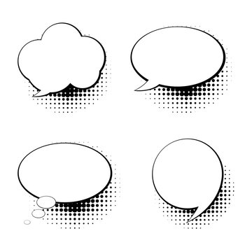 Set of comic speech bubbles with halftone shadows.