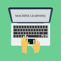 Hands are typing on a laptop. Business illustration with the inscription: machine learning