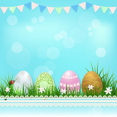 Eggs in the basket and ladybug Easter day background