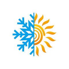Hot and cold symbol. Sun and snowflake all season concept logo.