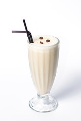 Three glasses of various milkshakes (chocolate, strawberry and vanilla) isolated on white background