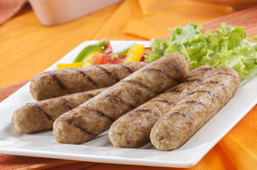 Chicken Seekh Kebabs with letus coloured bell pepper with tomato onion pickle and yogurt herb dip on white plates and on orange background © anish_ap1