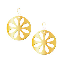 Fototapeta premium Gold round earrings with flower pattern. 3d effect isolated vector illustration on white background