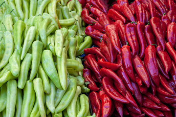 Red and green peppers, background, texture