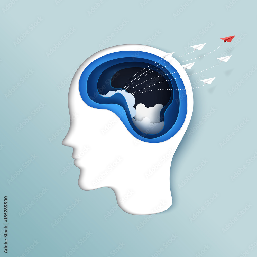 Poster thinking of freedom or business concept.paper carve of brain with paper airplanes flying from human 