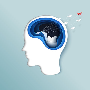 Thinking of freedom or business concept.Paper carve of brain with paper airplanes flying from human head paper art style.Vector illustration.