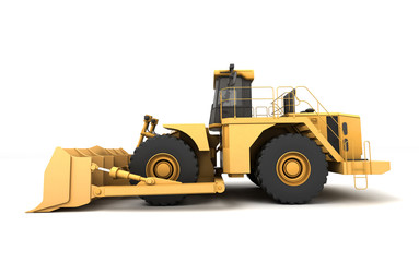 Powerfull concept. Massive yellow hydraulic earth mover isolated on white. Right to left direction. 3D illustration. Wide angle. Side view