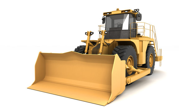 Powerfull concept. Massive yellow hydraulic earth mover isolated on white. Right to left direction. 3D illustration. Wide angle. Front view