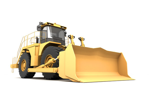 Powerfull concept. Massive yellow hydraulic earth mover isolated on white. Left to right direction. 3D illustration. Wide angle. Front view