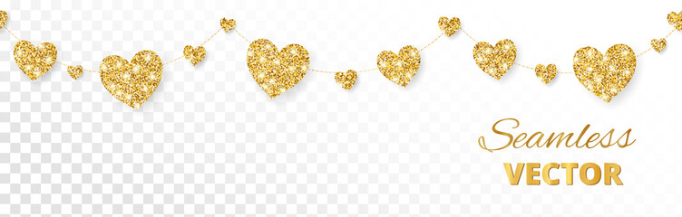 Golden hearts frame, seamless border. Vector glitter isolated on white background