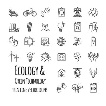 Ecology, green technology, organic outline icons set