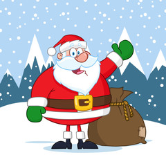 Happy Santa Claus Cartoon Mascot Character Waving. Hand Drawing. Illustration Over Winter Background