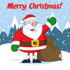 Santa Claus Cartoon Mascot Character Waving. Hand Drawing. Illustration Over Winter Background With Text Merry Christmas
