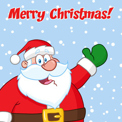 Happy Santa Claus Cartoon Mascot Character Waving. Hand Drawing. Illustration Over Winter Background With Text Merry Christmas