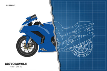 Fototapeta premium Blue motorcycle in realistic style. Side view. Detailed outline blueprint of motorbike. Vector illustration