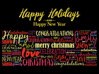 Happy Holidays and Happy New Year. Christmas background word cloud, holidays lettering collage