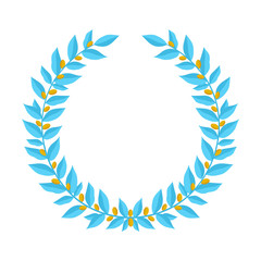Blue laurel wreath with golden berries. Vintage wreaths heraldic design elements with floral frames made up of laurel branches with gold berries on white background. Symbol of winner or valor and mind