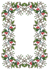 Christmas ornamental rectangular frame. Holly branches with leafs and berries. Christmas greeting card template. EPS10 vector illustration