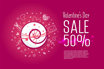 Valentine's day sale celebration. 50 percent. Cute love sale banner or valentine greeting card. Vector illustration.