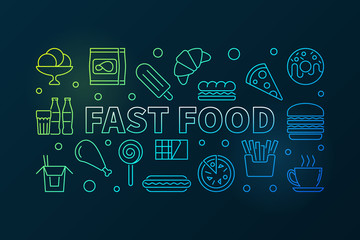 Fast food colored horizontal banner. Vector outline illustration