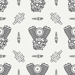 Line seamless pattern vector motorcycle classic bike power motor. Legendary retro. Cartoon style. Biker motoclub rider. Gasoline engine. Crankshaft. Illustration, element for your design and wallpaper
