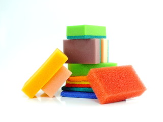 colorful of sponge dish washing accessories on white background