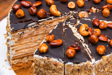 Chocolate layered cake with hazelnuts