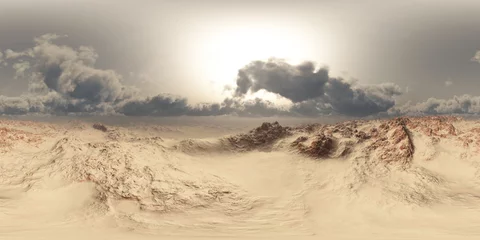 Foto auf Acrylglas Sandige Wüste Panorama der Wüste bei Sandsturm. hergestellt mit einer 360-Grad-Linse-Kamera ohne Nähte. bereit für virtuelle Realität