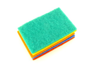 colorful of sponge dish washing accessories on white background