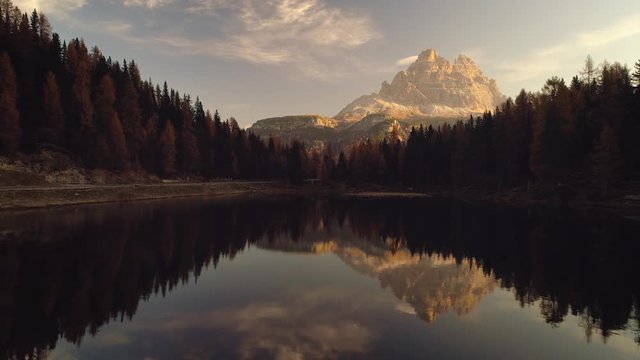 Braies Lake and mountain. Colorful autumn landscape in Italian Alps, Dolomite, Italy, Europe. Beauty of nature