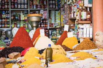 Selection of spices on a traditional Moroccan market (souk) in Marrakech, Morocco