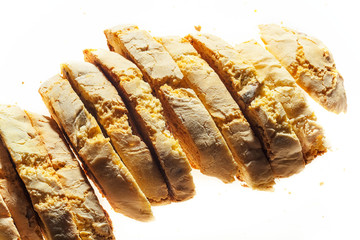 Traditional italian biscuits with almond cantuccini isolated on white background. Close up