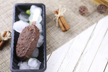 Dessert chocolate ice cream with nuts on wooden stick