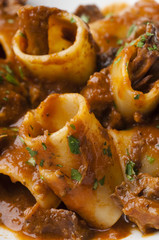 Macarrones con pasta Nápoles y  salsa de rabo de buey