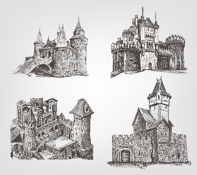 Vector old castle illustrations set. Countrysides on gothic fortress background. Hand drawn architectural landscapes. Sketches of ancient towers.