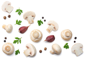 mushrooms with parsley isolated on white background. top view