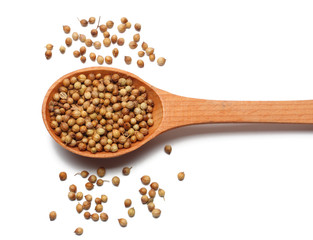 coriander seeds in wooden spoon isolated on white background top view