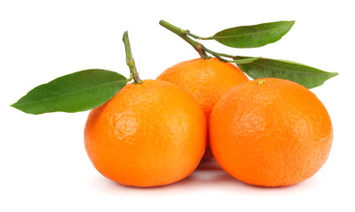 mandarin with green leaf isolated on white background