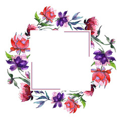 Wildflower peony flower frame in a watercolor style. Full name of the plant: peony. Aquarelle wild flower for background, texture, wrapper pattern, frame or border.