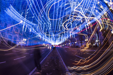 Fisheye abstract. Christmas lights in the streets of the Madrid City, Spain