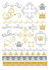 Vector Calligraphic Design Elements. Golden and Silver Color on White background. Victorian Scrolls and crown. Frame, border, swirl, divider. Old-fashioned style